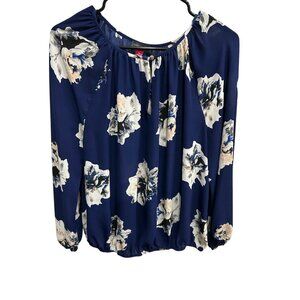 Vince Camuto Floral Blouse Navy Blue Long Sleeve Keyhole Detail Womens Sz PS